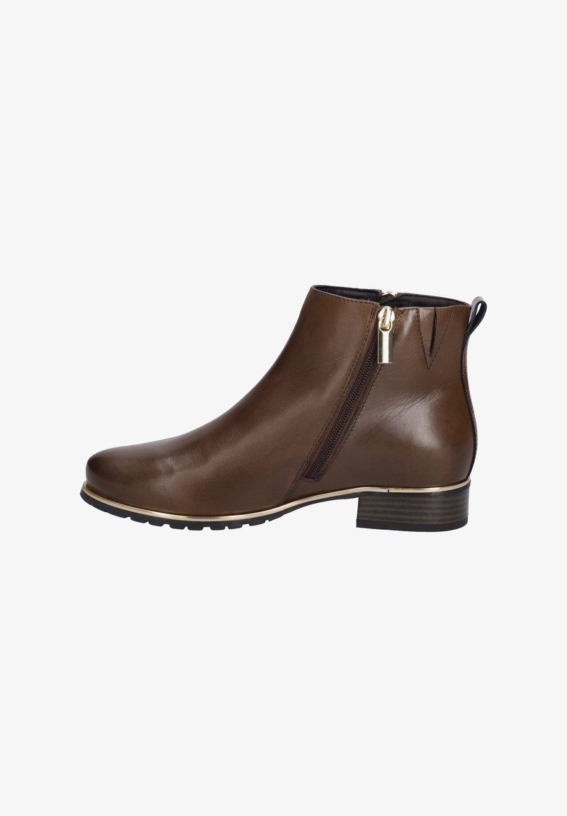 Braune Leder-Ankle-Boots mit seitlichem Reißverschluss, abgerundeter Spitze, niedrigem, gestapeltem Absatz und subtilen goldenen Akzenten am Rand des Absatzes.