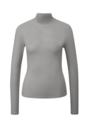 Lichtgrijs langärmelig coltrui-shirt met een smalle pasvorm en gladde stof, afgebeeld op een effen witte achtergrond.