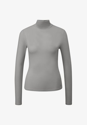 Lichtgrijs langärmelig coltrui-shirt met een smalle pasvorm en gladde stof, afgebeeld op een effen witte achtergrond.