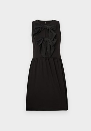 Black sleeveless dress featuring two large bow accents on the front. Made of soft fabric with a fitted bodice and flowing skirt.