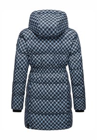Padded coat w niebiesko-czarny geometryczny wzór, z kapturem, elastycznymi mankietami i zwężoną talią zapewniającą dopasowany kształt.