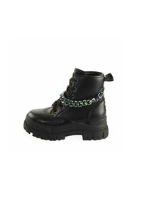 Black leather ankle boot with a chunky rubber sole, featuring colorful eyelets and a chain detail wrapped around the ankle.