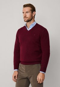 Pull en V bordeaux en maille avec des poignets et un ourlet côtelés, porté par-dessus une chemise col bleu clair, associé à un pantalon marron.