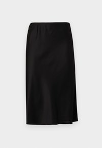 Svart satengskjørt med elastisk linning, med en sidedel for enkel bevegelse og en glatt, glinsende tekstur.
