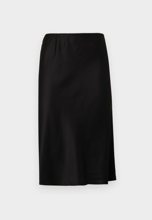 Black satin skirt with an elastic waistband, featuring a side slit for ease of movement and a smooth, glossy texture.
