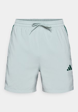 Lyseblå treningsshorts med elastisk midjebånd og snor. Har grønne sidedetaljer og en mørkegrønn Adidas-logo.