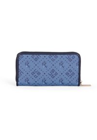 Blue wallet featuring a textured fabric with a pattern of animal motifs and geometric shapes, zip closure, and contrasting dark blue trim.