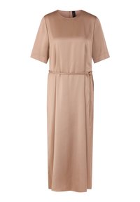 Short-sleeve, knee-length dress in a light beige color. Made from smooth fabric with a round neckline and a tied waist detail.
