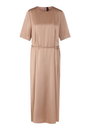 Short-sleeve, knee-length dress in a light beige color. Made from smooth fabric with a round neckline and a tied waist detail.
