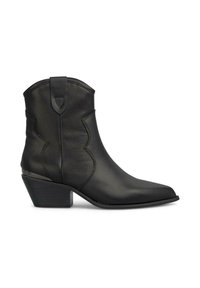 Botas de cuero negras hasta el tobillo con puntera afilada, detalles de costura decorativos y un tacón cuadrado. Incluyen una tirador en la parte posterior para facilitar su colocación.