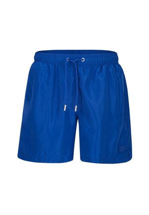 Blaue Badeshorts mit elastischem Bund und verstellbarem Kordelzug, aus glattem Stoff, vor weißem Hintergrund gezeigt.