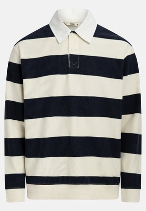 Ριγέ πουλόβερ σε ναυτικό μπλε και εκρού, με κλασικό γιακά, τρεις κουμπότρυπες και υφασμάτινη υφή με ριγέ πλέξη. Διακοσμημένο με κεντημένο λογότυπο.