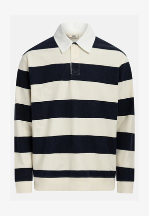 Stribet pullover i marineblå og creme, med klassisk krave, tre-knaps lukning og tekstureret ribstrikket stof. Fremhævet med et applikationslogo.