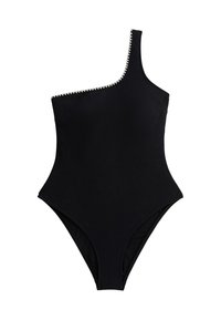 Maillot de bain noir une épaule avec une finition texturée, présentant une rangée de clous métalliques le long de l'encolure et des découpes hautes au niveau des jambes.