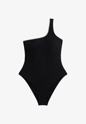 Svart enaxlad baddräkt med texturerad yta, som har en rad av metallnitar längs halsringningen och högskurna benöppningar.