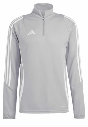 Grijze sportieve pullover met lange mouwen en een kwart rits, witte zijstrepen en "AEROREADY" branding op de onderzijde rechts. Soepele textuur.