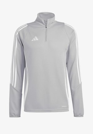 Grey long-sleeve athletic pullover with a quarter zipper, white side stripes, and “AEROREADY” branding on the lower right. Smooth texture.