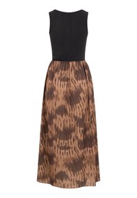 Ærmeløs kjole med sort tætsiddende top og lang, flydende brun nederdel med et mørkt abstrakt mønster, vist bagfra.