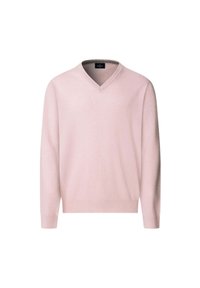 Maglione rosa chiaro a maniche lunghe con scollo a V, dotato di polsini e orlo a coste, mostrato su uno sfondo bianco.