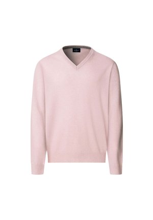 Helles rosa Langarm-V-Ausschnitt-Pullover mit gerippten Bündchen und Saum, auf einem weißen Hintergrund präsentiert.