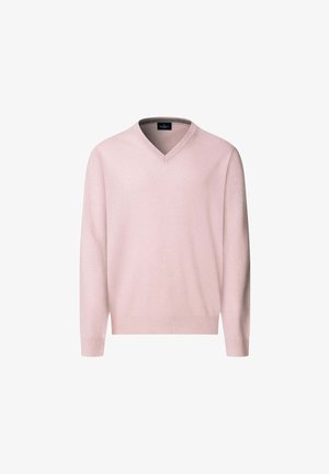 Helles rosa Langarm-V-Ausschnitt-Pullover mit gerippten Bündchen und Saum, auf einem weißen Hintergrund präsentiert.