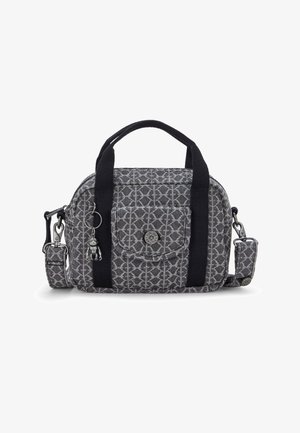 Petit sac gris à motifs avec des accents noirs, double poignées supérieures, bandoulière amovible et une poche avant avec fermeture à pression.