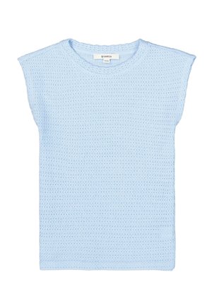 Top de punto de ganchillo azul claro de manga corta con escote redondo, dobladillo recto y tela suave y texturizada.