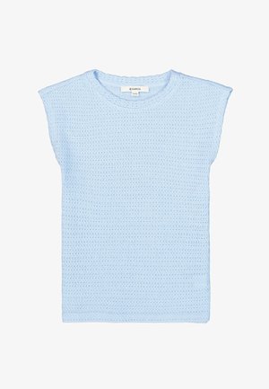 Top de punto de ganchillo azul claro de manga corta con escote redondo, dobladillo recto y tela suave y texturizada.