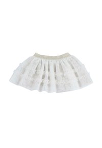 Jupe en tulle blanche avec une texture douce et scintillante, présentant des couches volantes et une taille élastique dorée pour plus de confort.