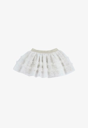 Gonna in tulle bianco con una texture morbida e scintillante, caratterizzata da strati arricciati e una vita elastica dorata per il massimo comfort.