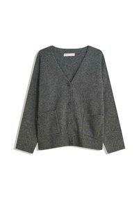 Dunkelgrauer V-Ausschnitt-Cardigan mit langen Ärmeln, Knopfverschluss, zwei Vorderseiten-Taschen und gerippten Bündchen und Saum.