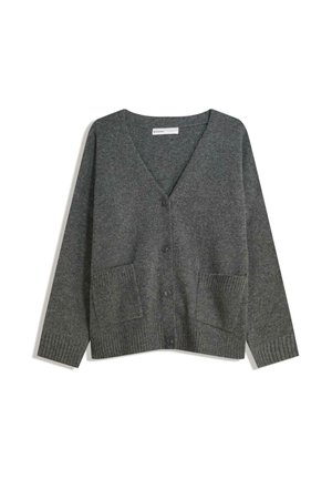 Dark gray V-neck cardigan with long sleeves, button closure, two front pockets, and ribbed cuffs and hem.