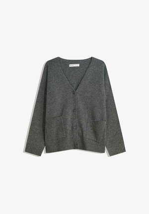 Donkergrijze V-hals cardigan met lange mouwen, knoopsluiting, twee voorzakken en geribde manchetten en zoom.
