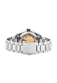 Orologio in acciaio inossidabile con un morbido bracciale metallico. Il retro presenta un meccanismo in tono oro e una cassa rotonda con una corona texturizzata.