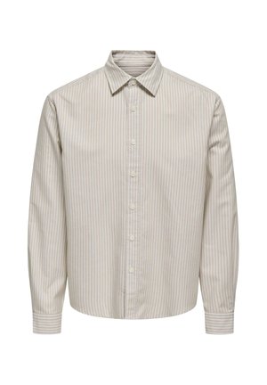 Koszula na długi rękaw w kolorze kremowym z jasnymi paskami, wykonana z teksturowanej tkaniny. Posiada klasyczny kołnierz i zaszewkę z przodu z guzikami.