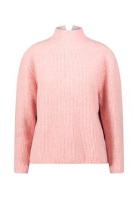 Jasnoróżowy sweter z prążkowanej dzianiny z wysokim kołnierzem i długimi rękawami, charakteryzujący się luźnym krojem i teksturowanym materiałem.