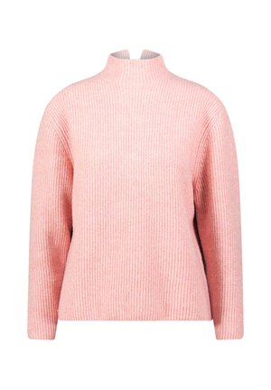 Helle rosa gerippte Strickjacke mit hohem Kragen und langen Ärmeln, die einen lockeren Schnitt und ein texturiertes Material aufweist.