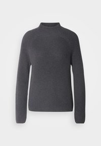 Pull en maille côtelée gris foncé avec manches longues et col rond haut, présenté sur un fond clair uni.