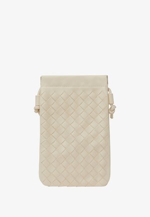 Béžová kožená taška s tkaným designem, obdélníkového tvaru, hladkým povrchem a horním zipem se bočním popruhem.