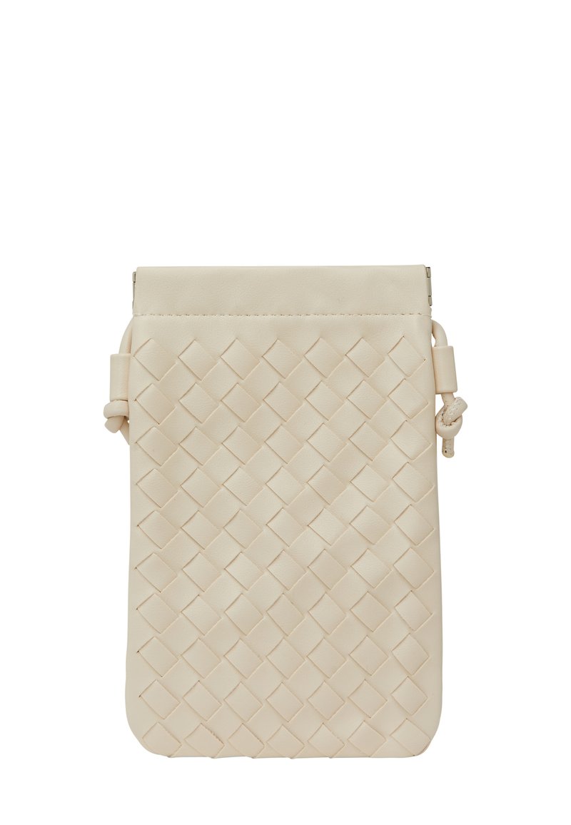 Beige läderväska med vävd design, rektangulär form, slät yta och en övre dragkedjestängning med sidoförankring.