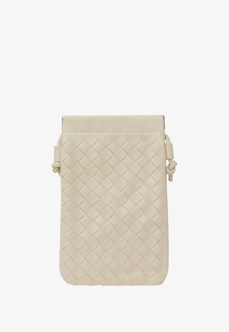 Beige lædertaske med et vævet design, rektangulær form, glat tekstur og en top lynlås med sideløkker.