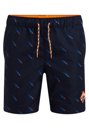 Marineblå badeshorts med små orange og blå raketprint, orange taljebåndsfôr og orange-sorte snører foran i midten.