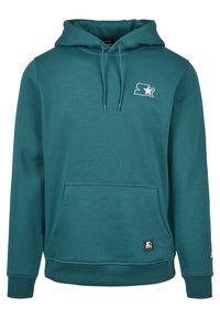 Sudadera con capucha de color azul verdoso hecha de tela suave, con bolsillo delantero, capucha con cordón y un logotipo de estrella blanca en el pecho. Puños y dobladillo acanalados.