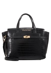 Černá kožená kabelka s krokodýlí strukturou, zlatými doplňky, dvojitými horními uchy a odnímatelným ramenním popruhem. Obsahuje zipovou přihrádku.