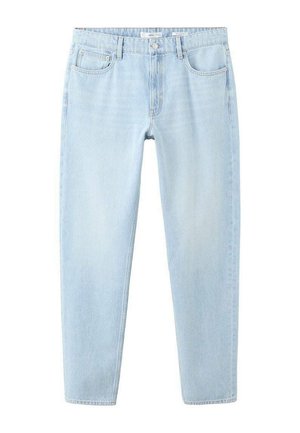 Jasnoniebieskie jeansy z dżinsu z przodem zapinanym na guziki i zamek błyskawiczny, szlufkami na pasek oraz pięcioma kieszeniami, przedstawione na płasko na białym tle.