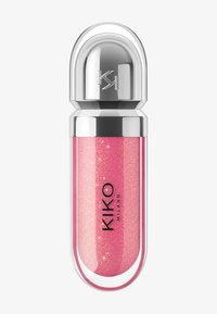 Roze glinsterende lipgloss met zilverkleurige afgeronde dop en "KIKO MILANO" logo op een transparante cilindervormige container.