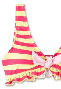 Gestreifter Bikini-Oberteil in Pink und Gelb mit Rüschensaum, breiten Trägern und einem zentralen Schleifendetail, aus einem glatten, dehnbaren Stoff gefertigt.