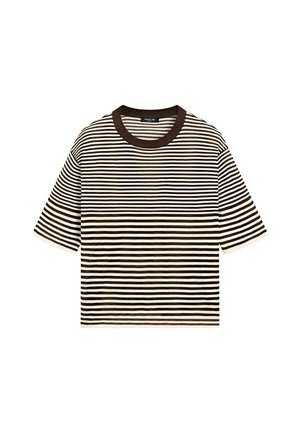 T-shirt à manches courtes à rayures horizontales noires et blanches avec un col rond noir, posé à plat sur fond blanc.