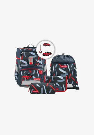 Backpack set in navy with grey and red brushstroke patterns. Includes a backpack, drawstring bag, pencil case, and accessories.
