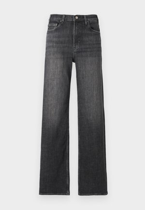 Wide-leg dark gray denim jeans with a button closure and five-pocket design. Features subtle texture and classic straight cut.